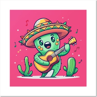 cute cactus playing guitar Posters and Art